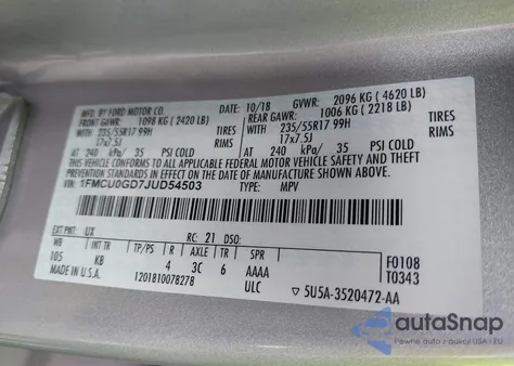 2018 Ford Escape Se из США, поврежденный, VIN 1FMCU0GD7JUD54503